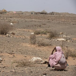 زنی در حال تماشای زمین خشک خود که ناشی از خشکسالی در منطقه سومالی در اتیوپی است