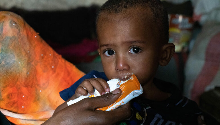 یمن. مادر سلطان در خانه به او خمیر بادام زمینی مغذی می‌دهد. او از سوء تغذیه حاد متوسط رنج می‌برد. سلطان به لطف غذای تکمیلی که از WFP دریافت می‌کند شروع به افزایش وزن کرده و انرژی بیشتری نسبت به قبل دارد. اما او هنوز نیاز به درمان دارد. خانواده او همچنین از کمک غذایی WFP که شامل آرد، لوبیا خشک، روغن، شکر و نمک است، استفاده می‌کنند. برنامه جهانی غذا/محمد عواد